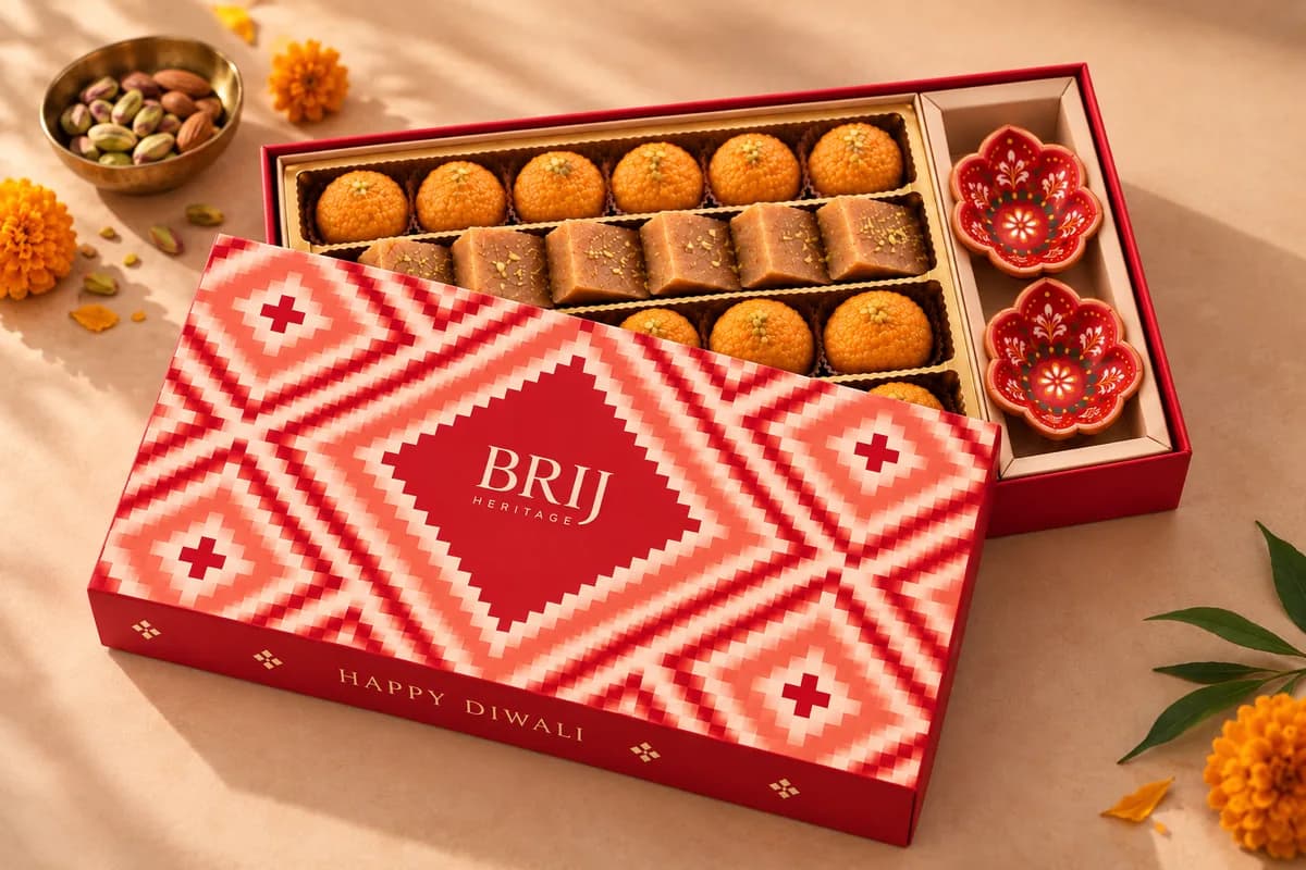 The Assorted Sweet Box, open, with two hand-painted diyas